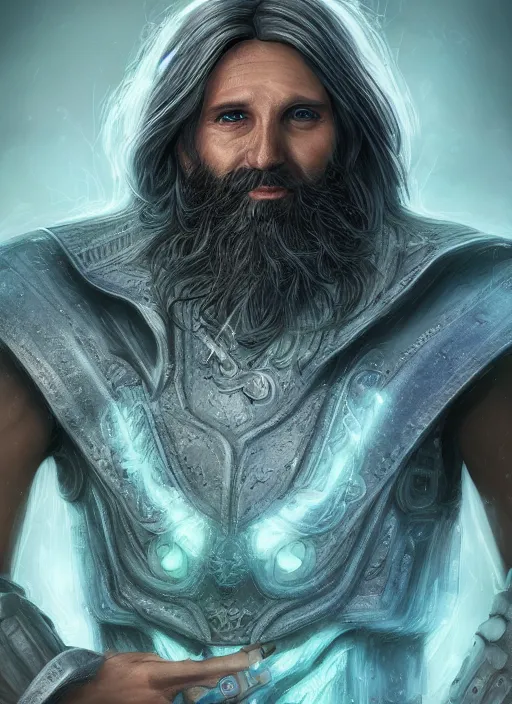 Prompt: an epic fantastic realism comic book style portrait painting of an aasimar warlock, mid thirties, male, shaggy silver hair, short brown beard, d & d concept art, unreal 5, daz, petrol aesthetic, octane render, cosplay, rpg portrait, dynamic lighting