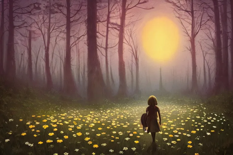 Image similar to giant bunch of daisy flowers head, girl walking in dark forest, surreal photography, dark night, stars, moon light, impressionist painting, clouds, digital painting, artstation, simon stalenhag