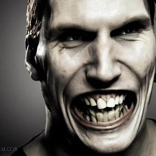 Image similar to Jerma985 with a wide smile, sinister looking, evil intent, horror, uncanny, detailed, high resolution, sharpened, close-up, professional photography