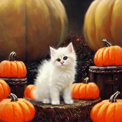 Image similar to a cute fluffy kitten amidst piles of pumpkins. halloween autumn fall art. beautiful painting by henriette ronner - knip and artgerm and greg rutkowski