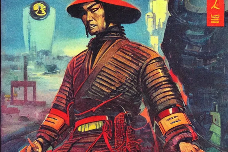 Image similar to 1979 OMNI Magazine Cover of a a samurai in a conical hat. in cyberpunk style by Vincent Di Fate