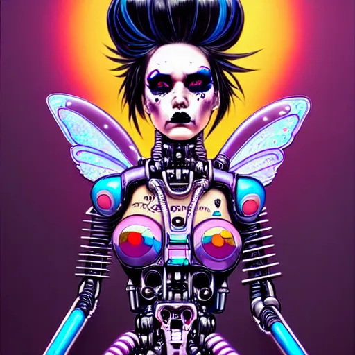 Prompt: portrait painting of a punk cybernetic fairy with beautiful black hair and eyes, sharp focus, award - winning, trending on artstation, masterpiece, highly detailed, intricate. art by josan gonzales and moebius and deathburger