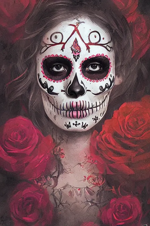 Image similar to Illustration of a sugar skull day of the dead girl, art by greg rutkowski