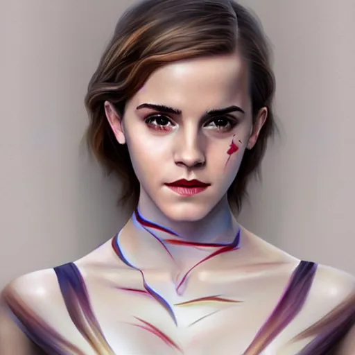 Prompt: emma watson body painted, art by artgerm and wlop