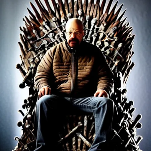 Prompt: “Very hyperrealistic studio photo of Walter White sitting on the Iron Throne from Game of Thrones, award-winning details”