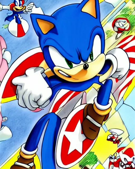 Image similar to sonic the hedgehog with captain america's shield promoting the fight against eggman propaganda poster, american propaganda