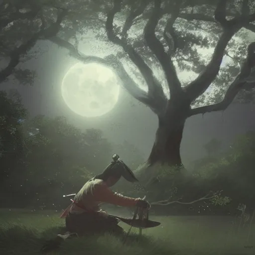 Image similar to a samurai sitting under a tree, back lighting, dramatic scene, detailed, night time, full moon, in the style of greg rutkowski