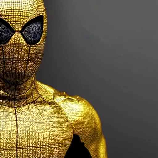 Image similar to gold spider - man suit with black web lining, cinematic, volumetric lighting, realistic, hyperdetailed, photorealistic, photograph