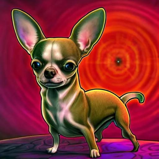 Prompt: a chihuahua with a third eye living in an extradimensional reality, in the style of wlop and alex grey, illustration, epic, fantasy, hyper detailed, smooth, unreal engine, sharp focus, ray tracing, physically based rendering