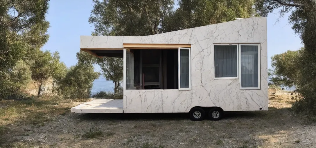 Image similar to greek tiny house on trailer made of marble designed by iktinos and callicrates.