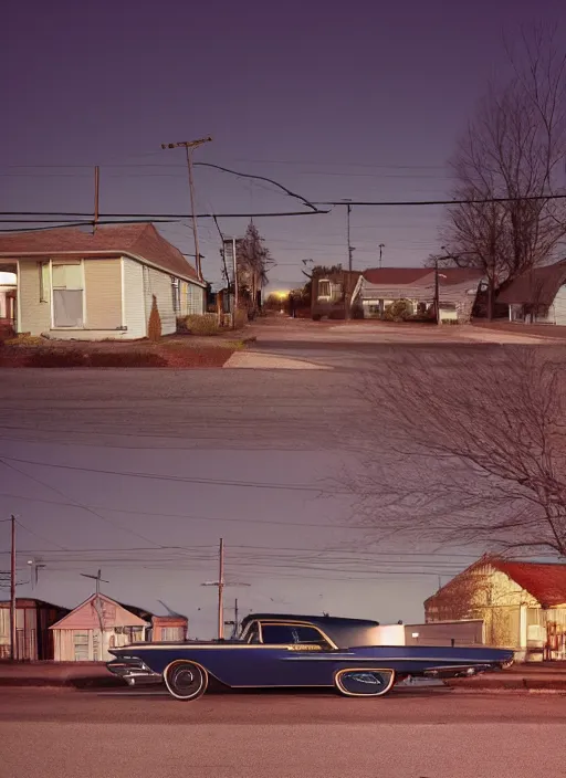 Image similar to a detailed photographic render of a 1 9 6 0 s american neighborhood during blue hour by todd hido, photoreal, 4 k, mist, rule of thirds