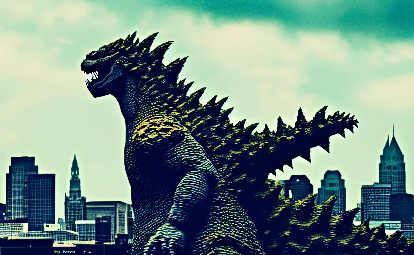 Prompt: photograph of Godzilla near Columbus Ohio, one point perspective, 1-point perspective, tilt shift, sigma 85mm f/1.4, 4k, depth of field, high resolution, 4k, 8k, hd, full color