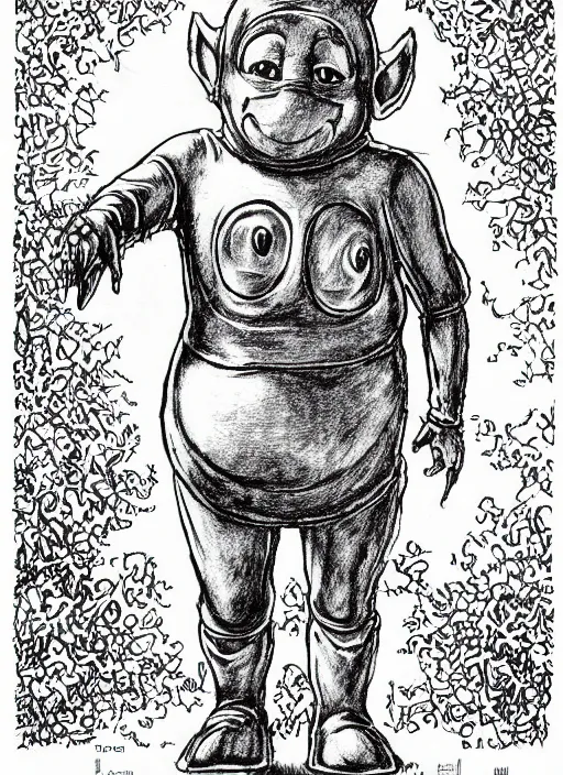 Prompt: tinky winky the teletubbie, full body, pen-and-ink illustration, etching, by Russ Nicholson, DAvid A Trampier, larry elmore, 1981, HQ scan, intricate details, Monster Manula, Fiend Folio