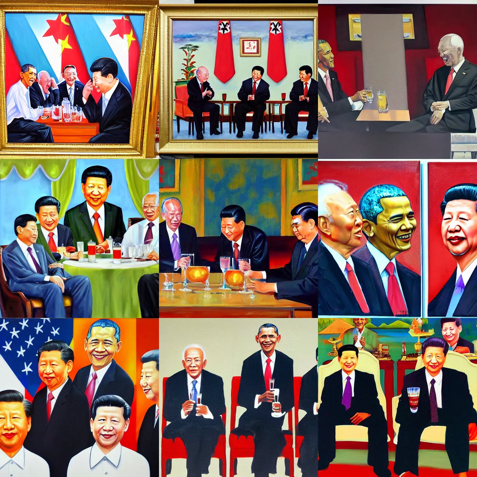 Prompt: oil painting of lee kuan yew, dr mahatir, obama and xi jinping, sitting together enjoying drinks painted by Andy Thomas