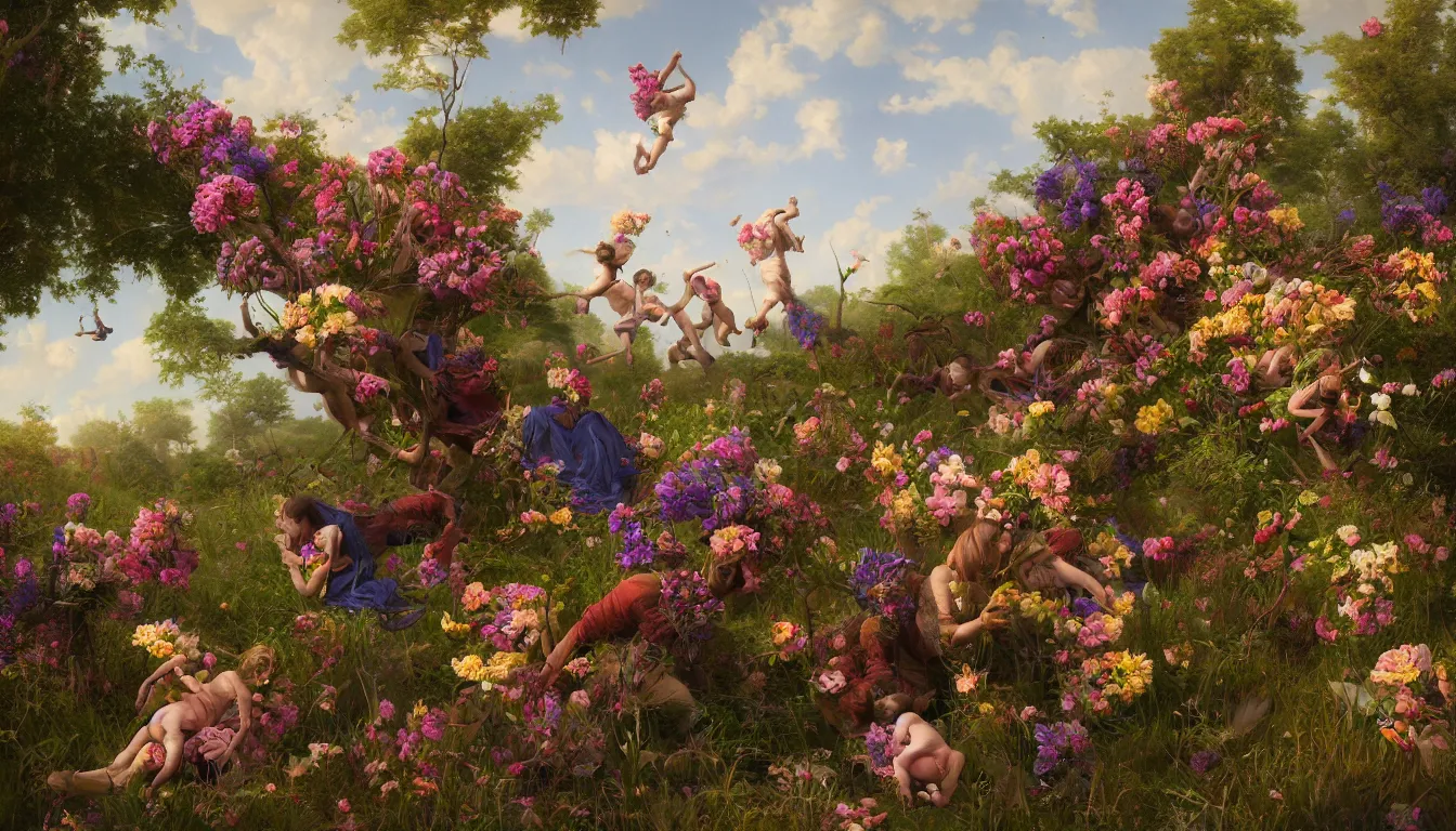 Prompt: An epic fantastic realism comic book style painting of the most beautiful flowers devouring a family as they try to escape, fisheye lens, painted by the Hudson River school, unreal 5, DAZ, hyperrealistic, octane render, dynamic lighting