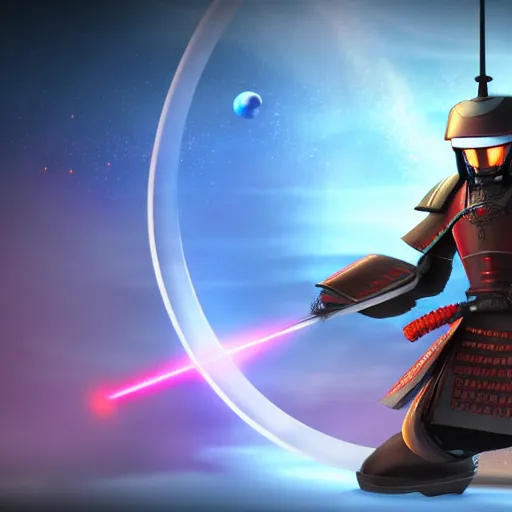 Image similar to a legendary samurai with a halo of light in another galaxy, epic, 4 k, 3 d