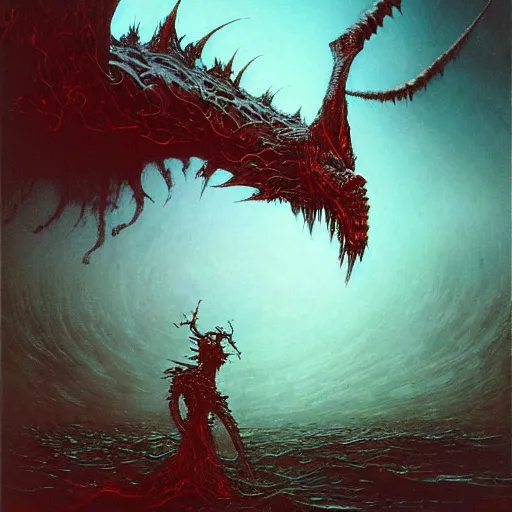 Prompt: cyber dragon beksinski, eldritch, apocalypse, creepy creature, horror spooky