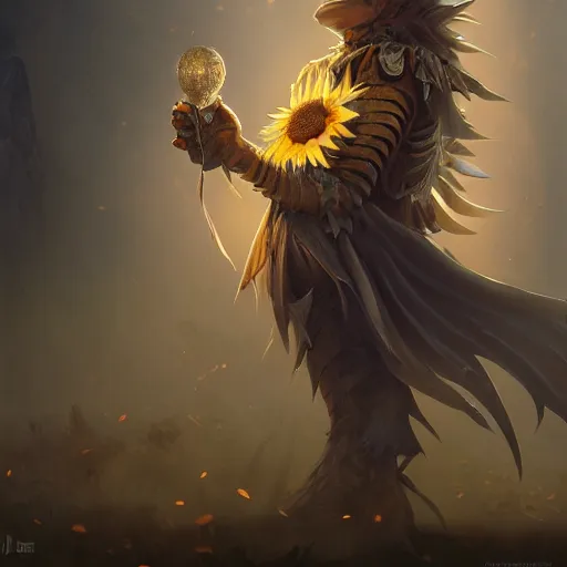 Image similar to Anthropomorphized sunflower, D&D, fantasy, cinematic lighting, highly detailed, digital painting, artstation, concept art, smooth, sharp focus, illustration, warm light, cozy warm tint, magic the gathering artwork, volumetric lighting, 8k, no gold, no gold colours, art by Akihiko Yoshida, Greg Rutkowski