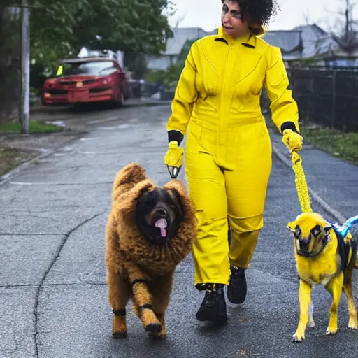 Prompt: latina woman with curly hair is wearing a cyberpunk yellow and black strap flight suit, while walking a yellow shepherd dog down a residential street in a city