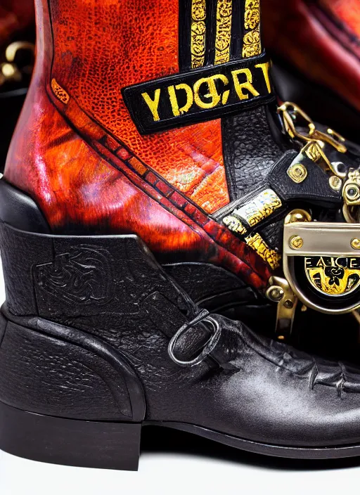 Image similar to hyperrealistic and heavy detailed product photo versace boot of judge dredd, in front of white back drop, whole shoe is in picture, leica sl 2 5 0 mm, vivid color, high quality, high textured, real life