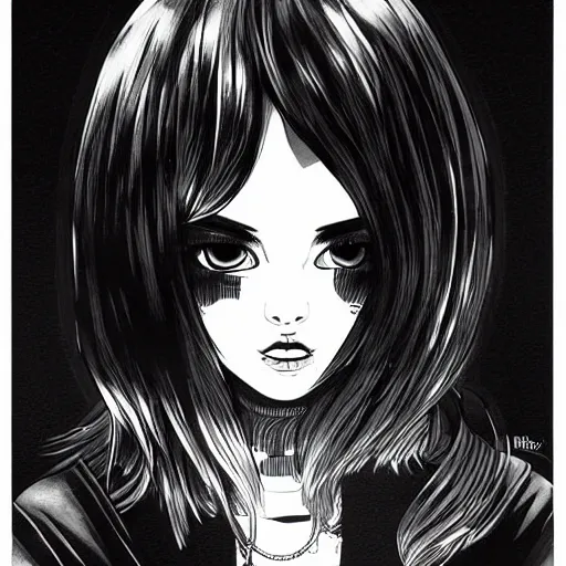 Image similar to an ink drawing of a tech punk girl by ilya kuvshinov, black and white