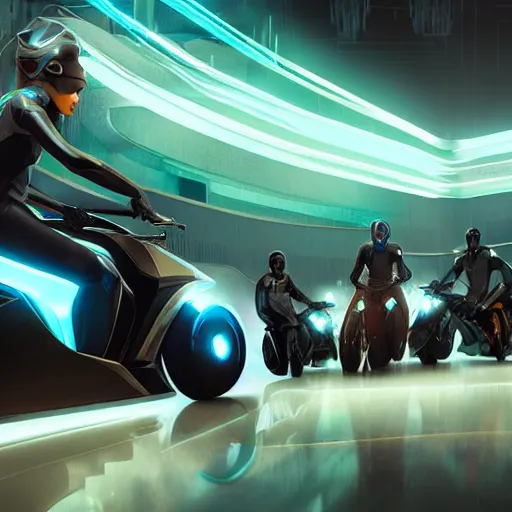 Image similar to tron legacy light cycles racing in game by artgerm and greg rutkowski and alphonse mucha, zaha hadid, an epic fantasy, volumetric light, detailed, octane render, midsommar