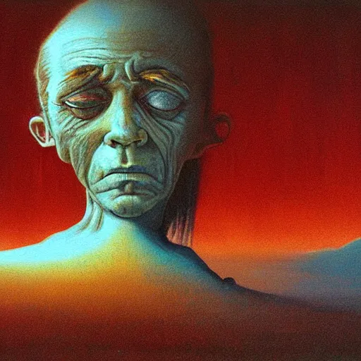 Prompt: Painting in a style of Beksinski featuring bibi netanyahu crying. Pain and suffering in the background