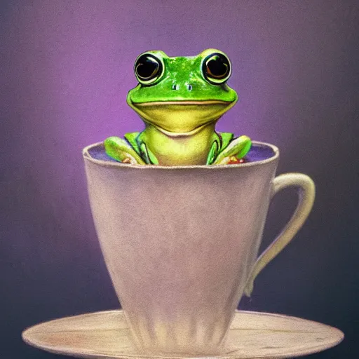 Prompt: soulful long shot of a very cute frog baby sitting in a coffee cup, by esao andrews, by m. w. kaluta, very humorous illustration, small depth of field, perspective perception, volumetric light, warm cosy colors, night scenery, low light, unreal engine 5, 8 k, conceptart, hyperdetailed, hyperrealistic, trending on artstation