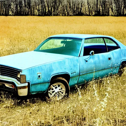 Prompt: A photograph of a beater beater beater beater beater beater beater beater abandoned abandoned abandoned abandoned abandoned abandoned 1976 Powder Blue Dodge Aspen in a farm field, photograph taken in 1989