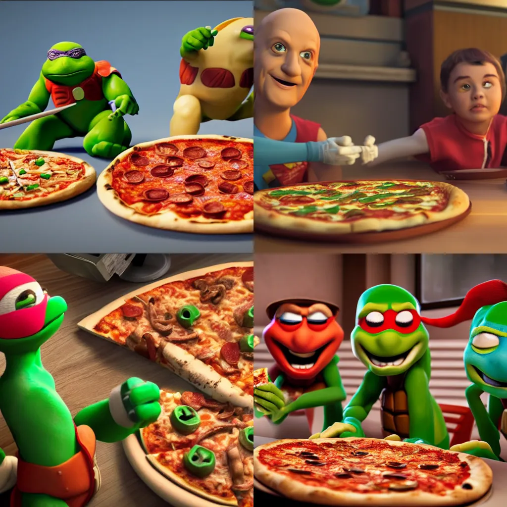 Prompt: teenage mutant eating pizza with Frasier, hyper realism, cinematic, high detail, 8k, octane render, depth of field