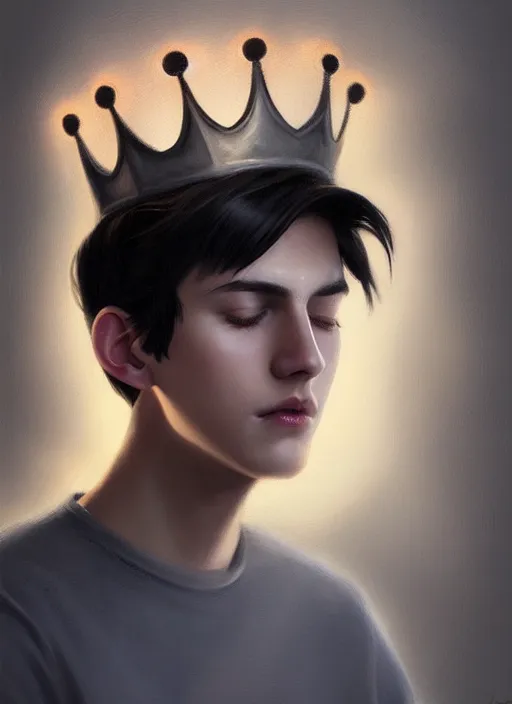 Image similar to portrait of teenage jughead jones wearing a light grey crown, photorealistic, crown, eyes closed, crown, black hair, intricate, elegant, glowing lights, highly detailed, digital painting, artstation, concept art, smooth, sharp focus, illustration, art by wlop, mars ravelo and greg rutkowski