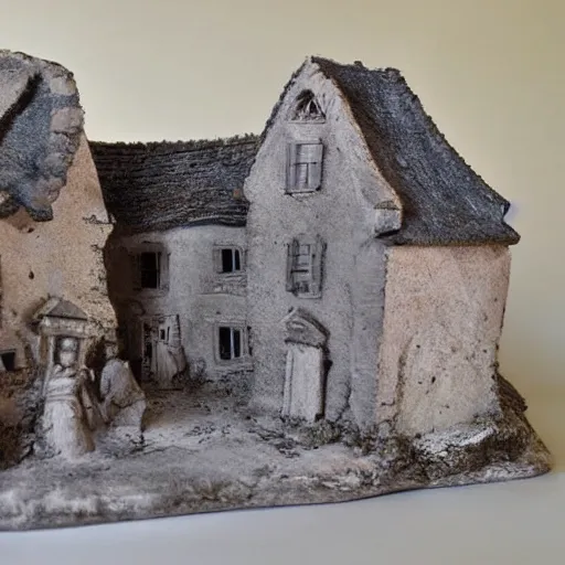 Prompt: minature 1 8 0 0 s france village sculpted in the style of george tsougkouzidis, clay, sculpture, portrait lighting