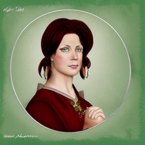 Prompt: portrait of a 40 years old women, dark red hair, green eyes, in historic clothing, digital art, character art