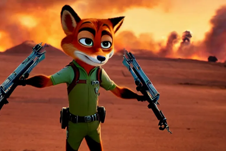 Image similar to nick wilde ( from zootopia ), heavily armed and armored facing down armageddon in a dark and gritty reboot from the makers of mad max : fury road