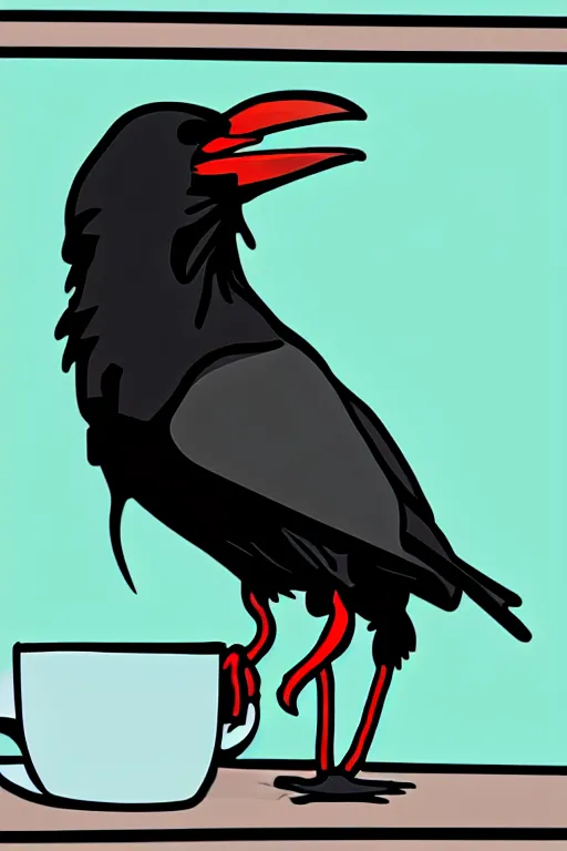 Prompt: crow hacking computers and drinking coffee digital art