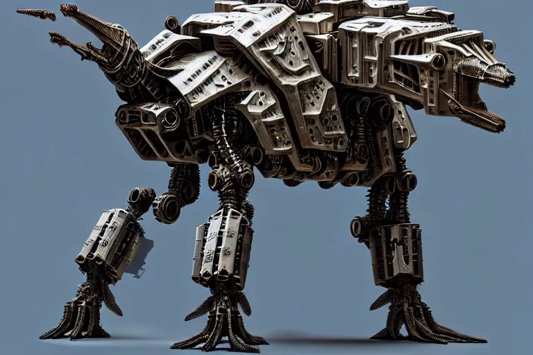 Image similar to stegosaurus in a cyborg mech suit, by alexandre ferra, zezhou chen, peter gric, mohamed reda and hr giger, hyper detailed, screen print, character concept art, realistic, coherent, octane render, zbrush central, behance hd, hypermaximalist