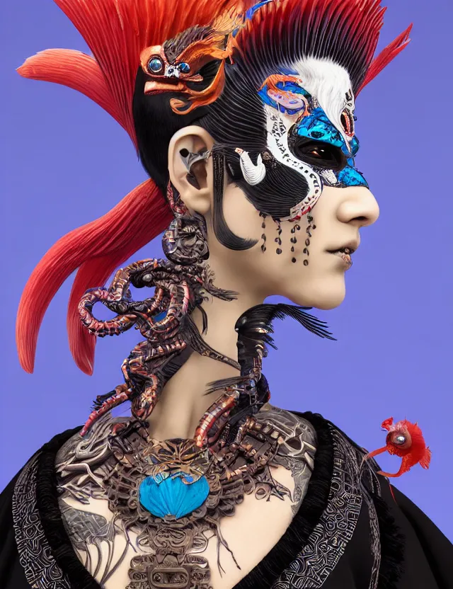 Image similar to 3 d goddess close - up profile portrait punk with mohawk with ram skull. beautiful intricately detailed japanese crow kitsune mask and clasical japanese kimono. betta fish, jellyfish phoenix, bio luminescent, plasma, ice, water, wind, creature, artwork by tooth wu and wlop and beeple and greg rutkowski