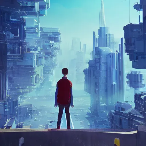 Image similar to young man facing the desperate and endless call of the void, futuristic cityscape, unreal 5 render, vivid colors, high detail, clear weather, studio ghibli, digital art, octane render, beautiful composition, trending on artstation, award - winning photograph, masterpiece