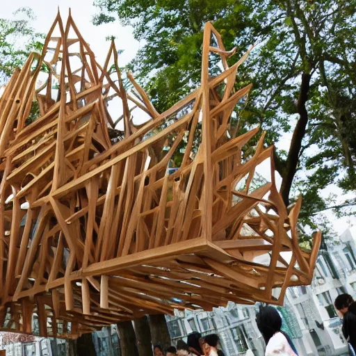 Image similar to extremely complicated wooden frame bridge designed by sou fujimoto
