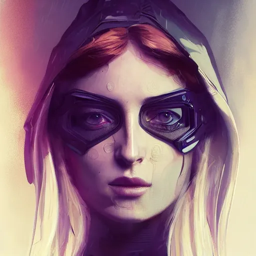 Image similar to sophie turner, streetwear techwear cyberpunk style outfit, parial mask, detailed portrait, intricate complexity, by greg rutkowski, cushart krentz, artgerm, ross tran, conrad roset, takato yomamoto, ilya kuvshinov. 4 k, beautiful, cinematic dramatic atmosphere, portrait lighting