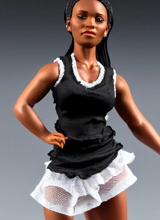 Prompt: Product Introduction Photos, 4K, Full body, 80mm resin detailed miniature of a Muscular Black Woman in white and lacy ruffled mini-skirt