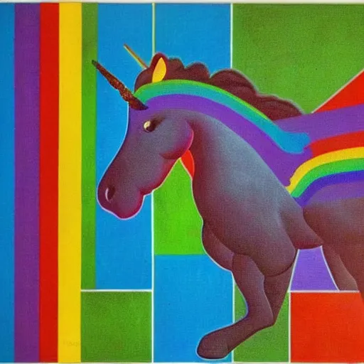 Prompt: A unicorn with rainbow color by Piet Mondrian