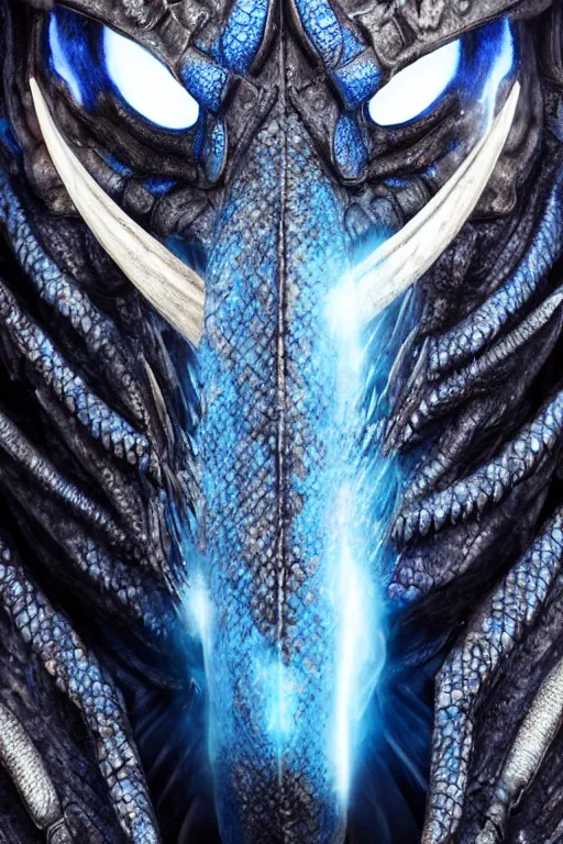 Image similar to a dark blue dragonborn with large tusks, half of his face flaming with blue flame, he wears a black dragon scales armor, studio shot