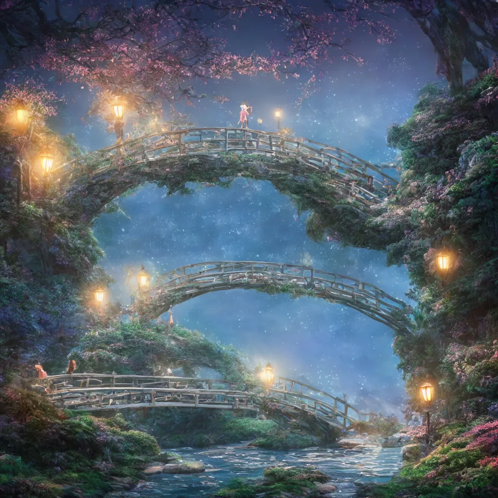 Prompt: fairyland bridge, outside of time and space, dreamy, romantic, night lighting, gorgeous lighting, well lit, backlit, dramatic cinematic lighting, intricate, highly detailed, in the style of studio ghibli, octane render, 8 k