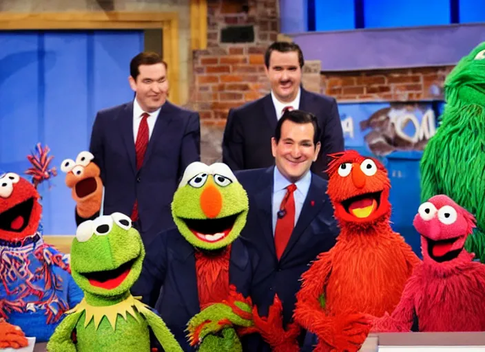 Prompt: ted cruz on the floor getting stomped and kicked by a gang of muppets on sesame street