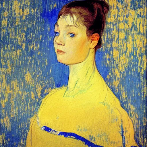 Image similar to palette knife oil painting portrait of a girl in a blue and gold room, film still by goya, by henri de toulouse - lautrec, by klimt, by pontormo, extreme detail, liminal aesthetic, artgerm, deviant art, octane, substance, art history 8 k, art nouveau