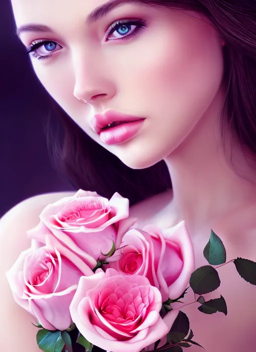 Image similar to a gorgeous female photo, professionally retouched, soft lighting, holding a bouquet of roses, realistic, smooth face, perfect eyes, wide angle, sharp focus on eyes, 8 k high definition, insanely detailed, intricate, elegant, art by artgerm and wlop