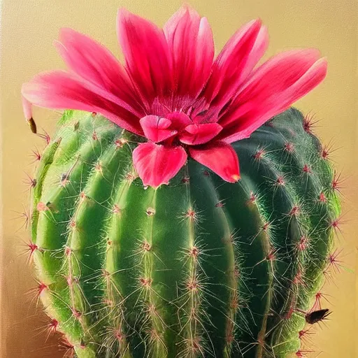 Prompt: Extremely detailed portrait of a cactus, flower is blossoming, mice running around, Oil on canvas, Vivid colors, artstation