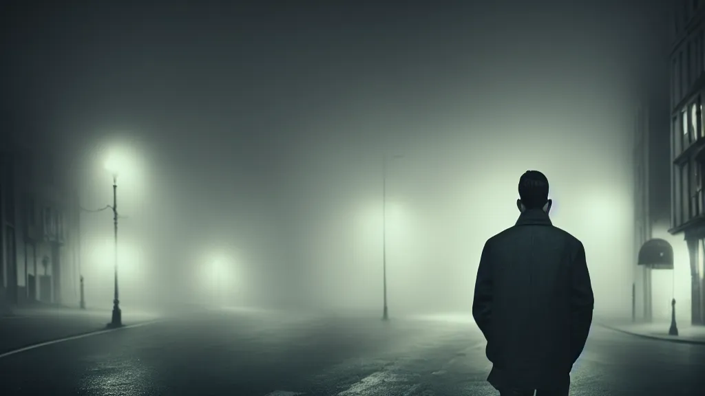 Prompt: a close portrait of a man with a street in the background, fog, volumetric lighting, mystique, atmospheric, sharp focus, ultra detailed, noir art house, 4 k, cinematic, 3 5 mm