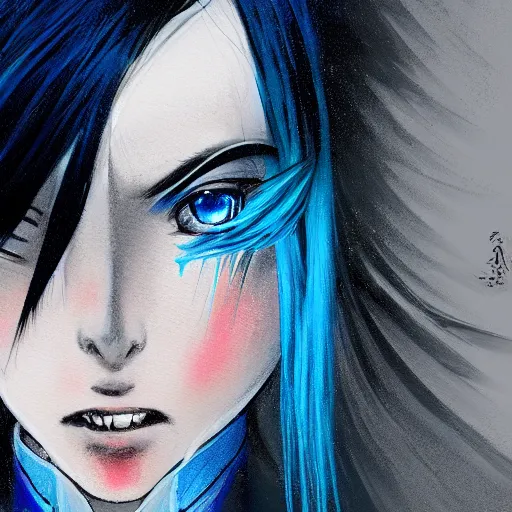 Image similar to full face shot of rimuru tempest, sky blue straight hair, long bangs, closed eyes, wearing a fancy black jacket, high collar, ultra detailed, brush strokes, digital painting, cinematic, wlop artstation, closeup, pixiv, eerie, scary, overpowering, evil, yoshitaka amano, junji ito,